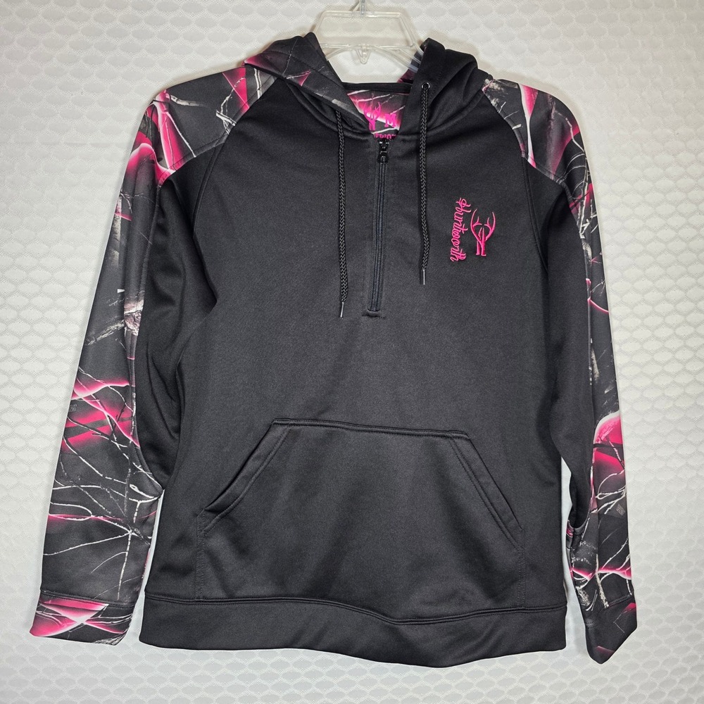 Huntworth Womens Black Pink Camo 1/4 Zip Performance Hoodie M